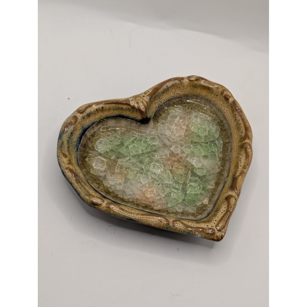Artisan Ceramic Heart Trinket Dish Melted Sea Glass Center Brown Green Glaze